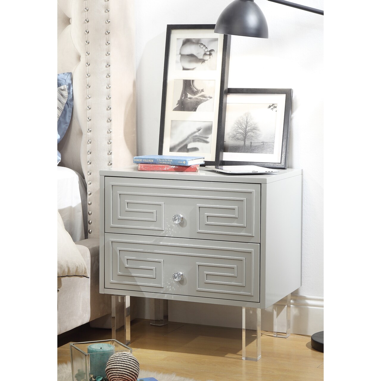 Isobel Modern Greek Key Lacquered Lucite Leg Side/Accent Table /Nightstand